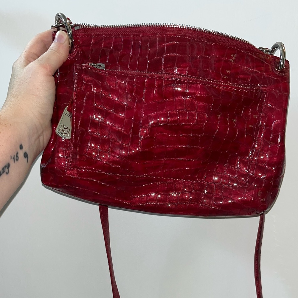 Brighton Red Croc Embossed Leather Crossbody Bag Purse Silver Hardware